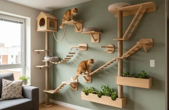 DIY vertical wall shelving ideas for small apartment cat enrichment