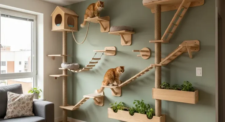 DIY vertical wall shelving ideas for small apartment cat enrichment